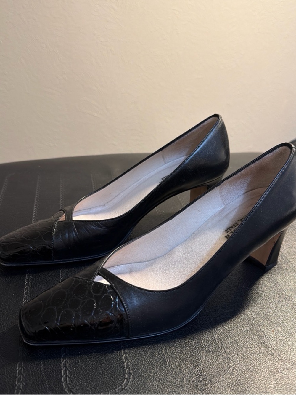 Classic Black Leather Women's Pumps with Croc-Texture Toe